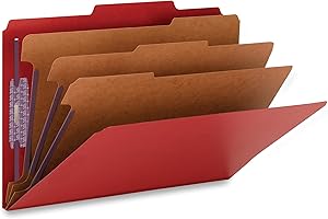 Smead Pressboard Classification File Folder with SafeSHIELD Fasteners, 3 Dividers, 3" Expansion, Legal Size, Bright Red, 10 per Box (19095) (Pack of 1)