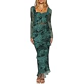 SEBOWEL Women's Ruffled Shoulder Strap Mesh Overlay Bodycon Elegant Long Maxi Dress with Layered Flounce Detail