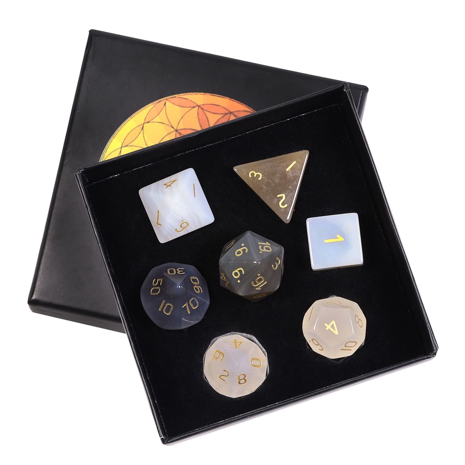 KYEYGWO Grey Agate Stone Crystal Polyhedral Dice Set, 7 Pieces Gemstone Dice for Dungeons and Dragons RPG DND, DND Gifts for Men Women