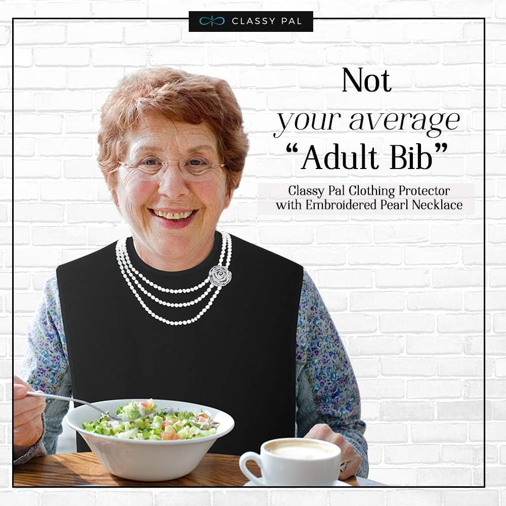 Classy Pal, Adult Bibs for Women, Dress ‘n Dine Clothing Protectors for Eating, Senior Adult Bib Terry Cloth Crumb Catcher, Embroidered Design, Waterproof, Reusable, Washable (Pearl Necklace): Health & Personal Care