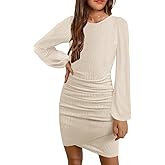 MITILLY Girls Fall Dress Long Sleeve Formal Short Dress with Slit Ruched Bodycon Party Prom Dance Graduation Fancy 8-14 Years