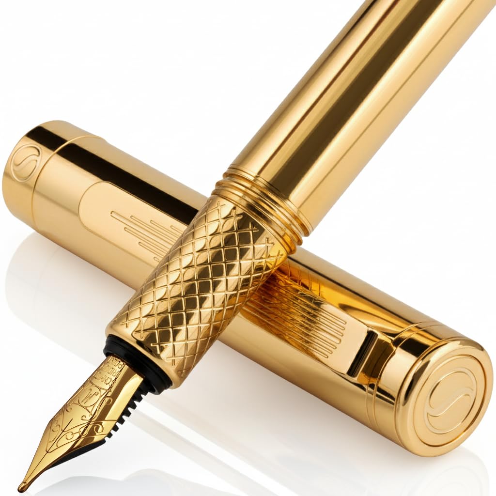 Scriveiner Gold Luxury Fountain Pen (Medium) - Award Winning - Heavy Pocket Pen, Real Gold Plating, German Nib & Converter, Nice Gift Pens for Men & Women