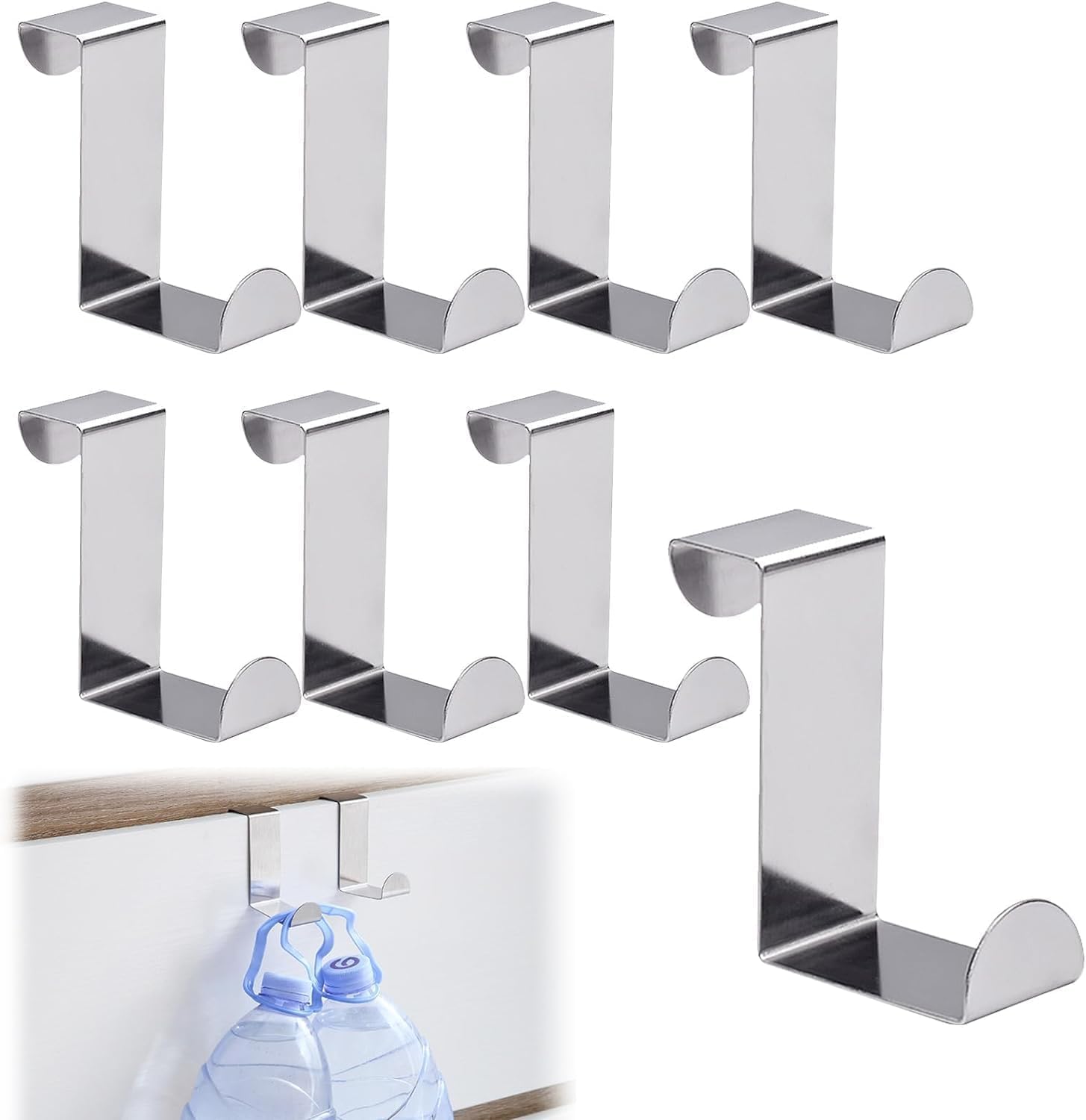 8pcs Over Door Hanger 1.8 cm (0.7") and 4 cm (1.57") Dual Head Stainless Steel Z Shaped Reversible Door Hooks No Drilled Space Saving Cupboard Hooks for Kitchen Wardrobe Bedroom Bathroom (Silver)
