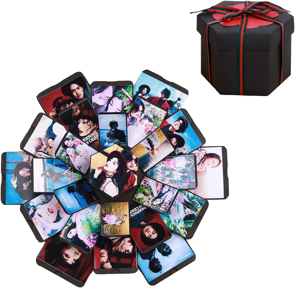 Hexagonal Multi-Layer Album Box,Creative Handmade Album Explosion Box,Black Surprise Festival Gift Box for DIY Photo Album,Commemorative Albums, Birthday Presents