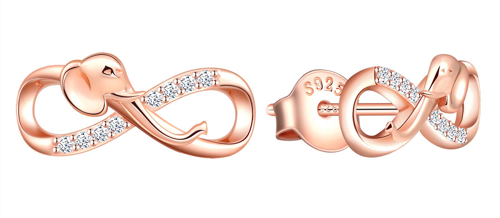 INFINIONLY Women's girl's Earrings Studs, 925 sterling silver Jewellery Sets, Cute elephant and infinity symbol earrings studs, rose gold, Inlaid zircon, animal jewelry-sets
