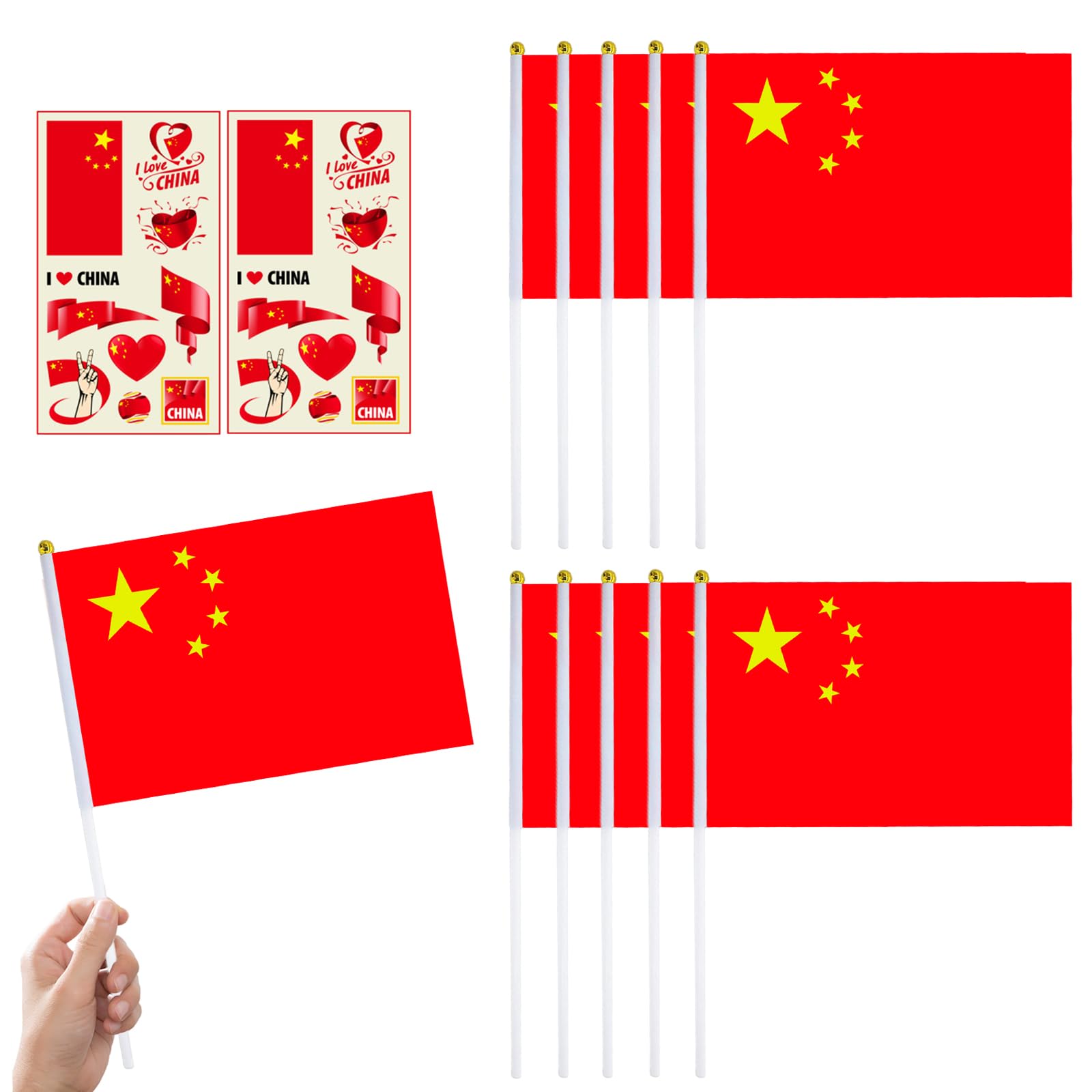 ATBEAMEN 10pcs Small Red China Flags on Sticks & 2pcs Temporary Tattoos for Games 2025 Party, Modern Water Resistant Flag and Tattoo Set, Party Decorations for Kids — image 1