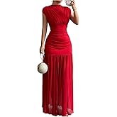 winkbay Women's Summer Ruched Bodycon Dress Formal Mesh Mock Neck Sleeveless Maxi Evening Party Prom Dresses