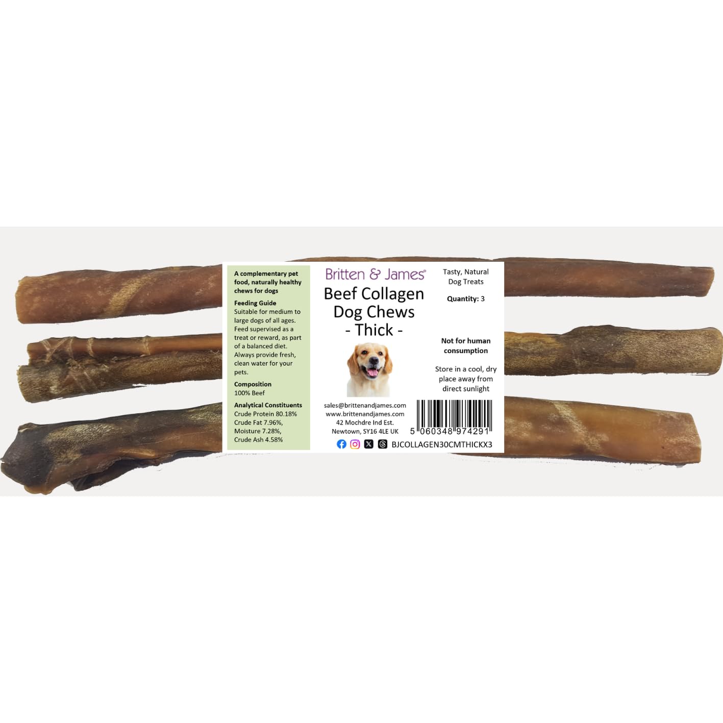 Britten and James 3 Thick Beef Collagen Sticks for Dogs (30cm length). Natural Dental Chew Dog Treat - Long Lasting, Grain Free and Hypoallergenic
