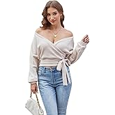 SweatyRocks Women's Wrap Off Shoulder V Neck Sweater Sexy Crop Cinched Waist Long Sleeve Knit Sweaters Top