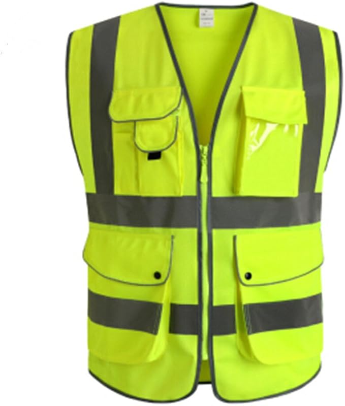 High visibility safety vest with zipper, 9 pockets, reflective stripes