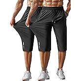 Hidkat Men's Capri Pants 3/4 Joggers Gym/Workout/Hiking Below Knee Long Shorts Lightweight Quick Dry with Zipper Pockets