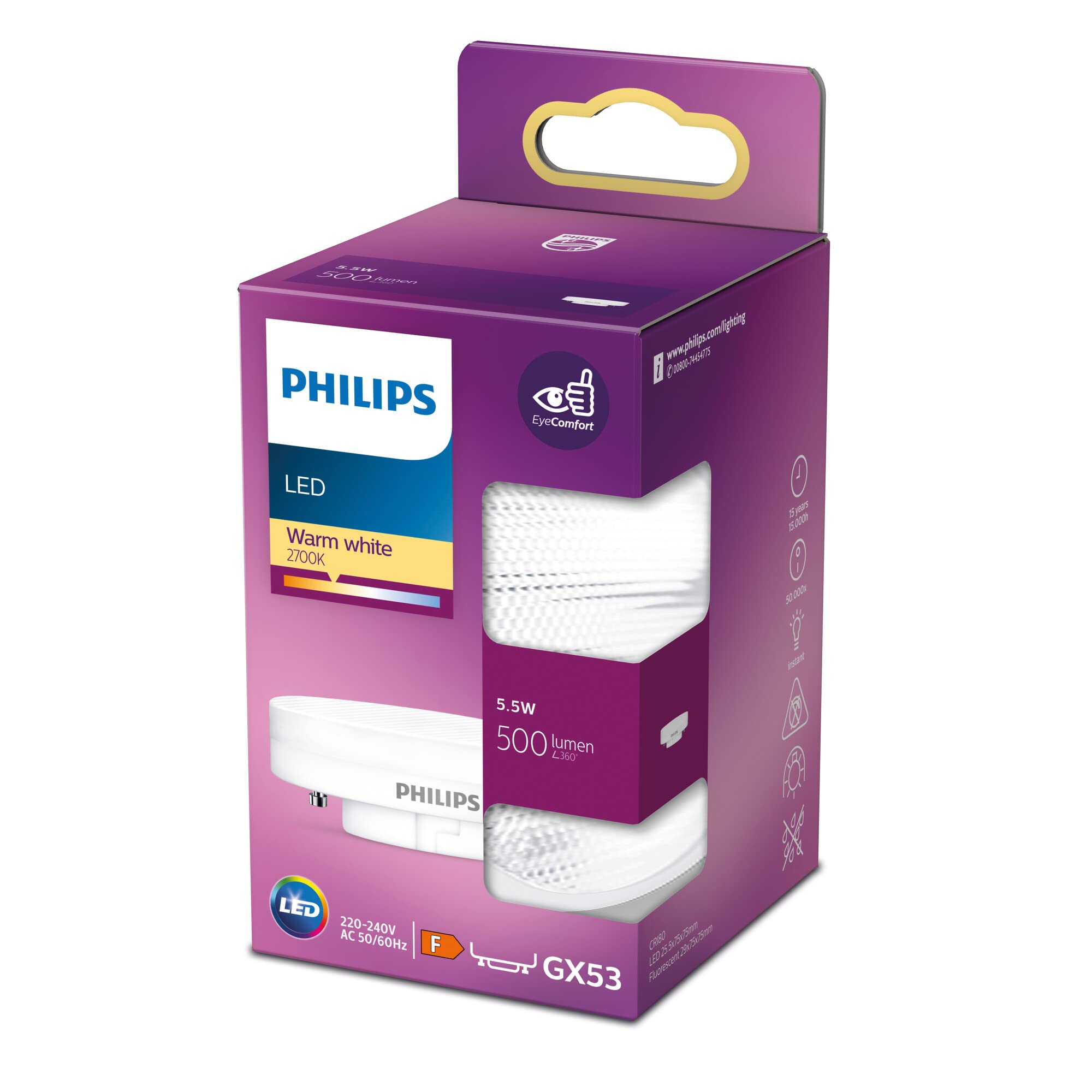 Philips LED Classic Light Spot [GX53] 5.5 W, Warm White 2700K, Non-Dimmable