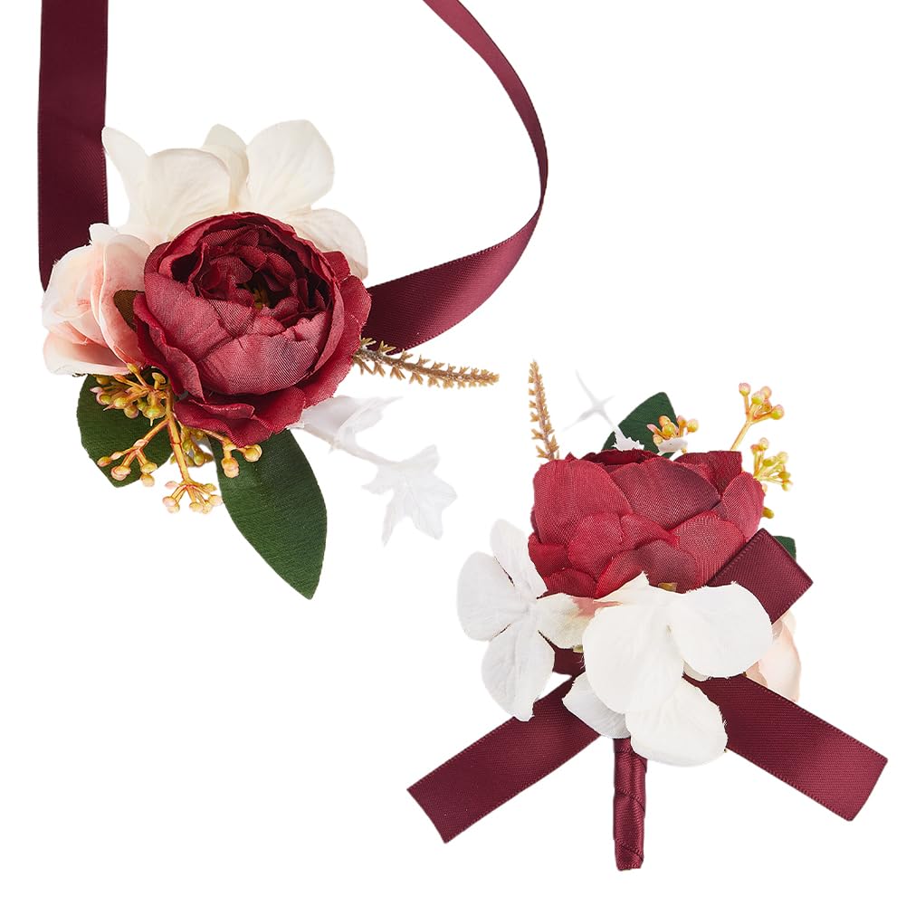 CRASPIRE Rose Flower Wrist Corsage Burgundy Silk Cloth Rose with Satin Ribbon Wrist Corsage and Boutonniere Set for Groom Groomsmen Bride Bridesmaids Prom Rustic Vintage Wedding Decor