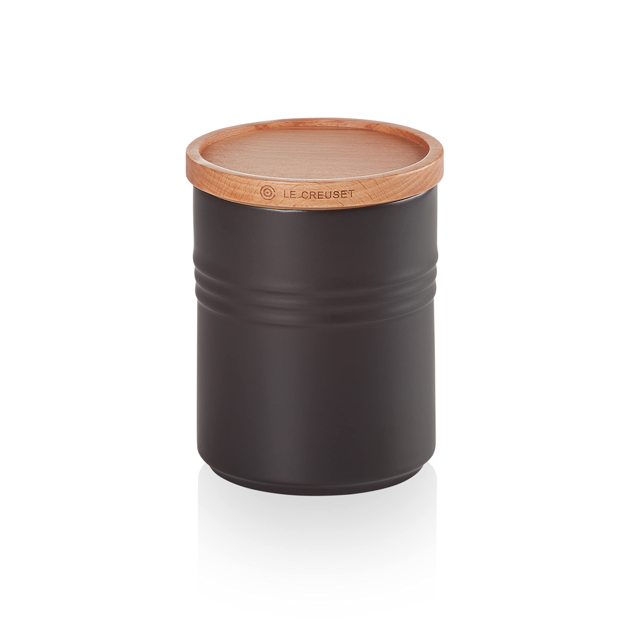 LE CREUSET Stoneware Medium Storage Jar with Wooden Lid, Stoneware, 540 ml, 10 cm, Matte Black, 91044401000099