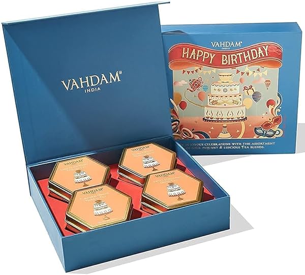 VAHDAM, BIRTHDAY TEA GIFT BOX (7.05OZ/100+ CUPS) PREMIUM BIRTHDAY TEA GIFT SETS | 4 LOOSE LEAF TEA – GREEN TEA, CHAI TEA, HERBAL TEA | GLUTEN FREE, NON GMO | GIFTS FOR WOMEN & MEN, GIFTS FOR HIM/HER