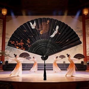 Vintage folding bamboo fan with crane & osmanthus pattern and tassel, ideal for Hanfu, dance and photoshoot.