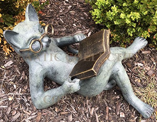 Outdoor Garden Patio Bookworm Feline Cat With Glasses Reading Book Tanning Under The Sun Statue Lawn Ornament Decor