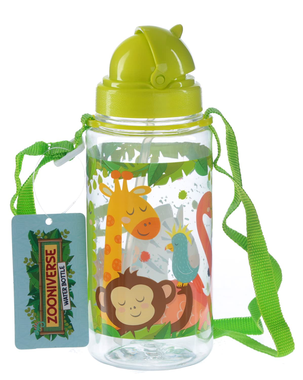 Puckator Zooniverse - Kids Drinks Bottle With Straw - Reusable Water Bottle For Girls And Boys With An Attached Long Strap - Bpa Free - For School Nursery - Cute Jungle Animals Design - Pp 450ml