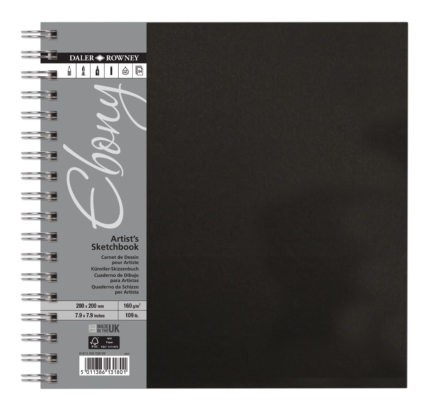 Daler-Rowney Ebony Sketchbook, Smooth Surface, 160gsm, Spiral Bound, Square, 20 x 20cm, Natural White, 54 Sheets, For Professionals