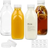 DHSBTLS 4 Pcs Glass Milk Bottles with Lid, 32 oz/ 1L Reusable Glass Milk Container for Fridge to Store Fresh Milk, Airtight Heavy Duty Clear Juice Jar for Juice, Honey, Syrup, Extra 2 Lids& Stickers