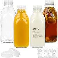 DHSBTLS 4 Pcs Glass Milk Bottles with Lid, 32 oz/ 1L Reusable Glass Milk Container for Fridge to Store Fresh Milk, Airtight H