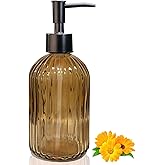 14Oz Black Pump Glass Soap Dispenser, Brown Stripe Countertop Refillable Liquid Bottle Hand Dish Lotion Dispenser with Plastic Pump, for Kitchen, Bathroom