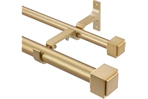 Kemmie Double Curtain Rods with Square Heavy Duty Aluminum Alloy Finials 72-144” Telescoping Rod 1 Inch Diameter Front Rod and 5/8 Inch Diameter Back Rod Window Drapery Rods, Warm Gold