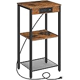 HOOBRO Tall End Table with Charging Station, 30 Inch Slim Tall Nightstand, 3-Tier Narrow Side Table with Adjustable Shelf, for Living Room, Bedroom, Small Space, Hallway, Rustic Brown BF09UDH01G1