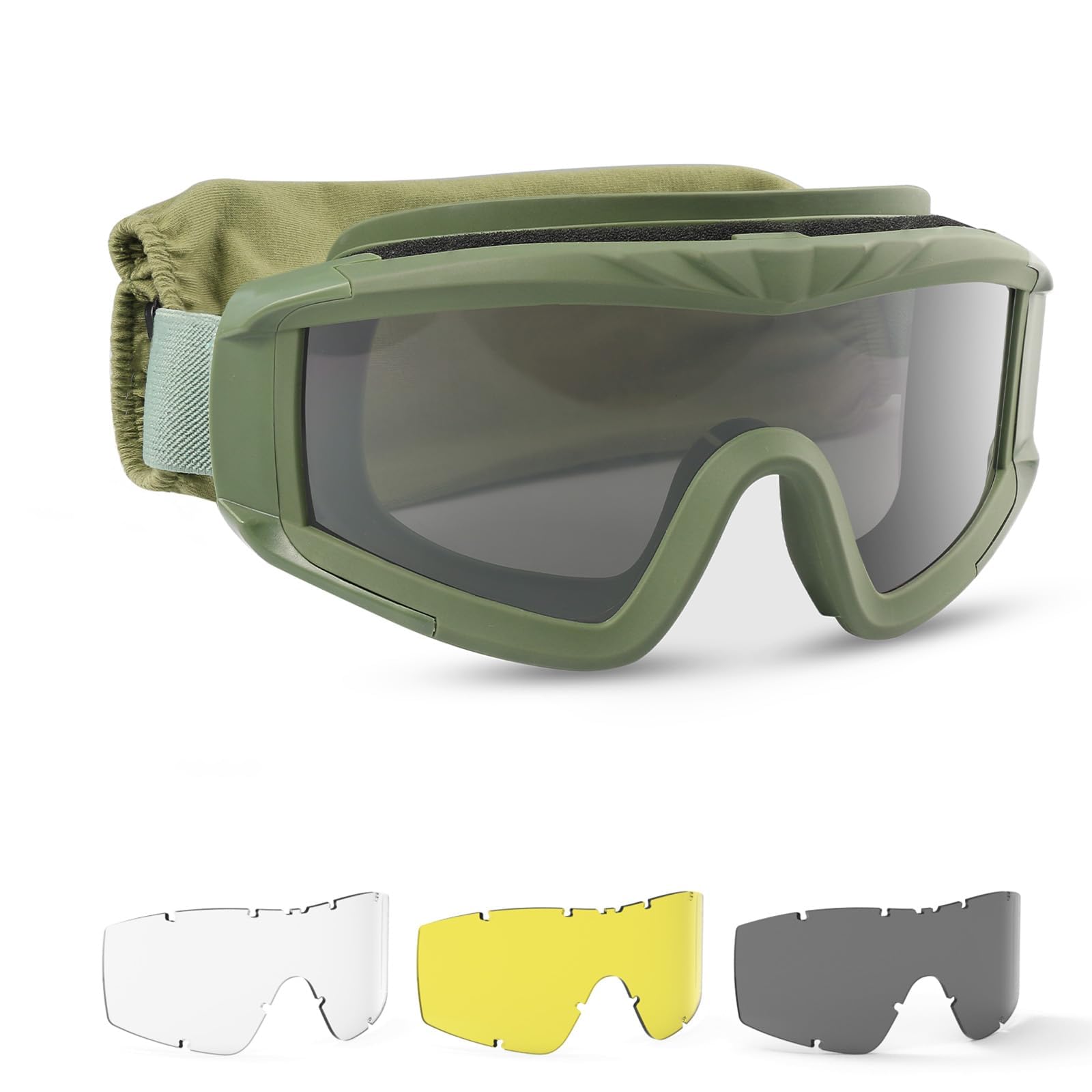 Feyachi Airsoft Goggles Tactical Military Goggles with 3 Interchangeable Lens, UV400 Protection Shooting Glasses for Men Women Anti Fog Paintball Glasses, Outdoor Shooting Hunting Cycling - Green