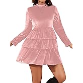 EHSUYAB Women Long Sleeve Mini Velvet Dress, Mock Neck Tiered Ruffle Flowy Babydoll Dresses, Cocktail Party Christmas Outfits