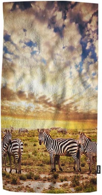Mugod African Landscape Towel Zebras Herd on Savanna at Sunset Decorative Soft Absorbent Guest Hand Towel Spa Gym Hotel Bath Bathroom Shower Towel 15x30 Inches