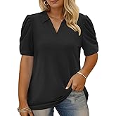 VISLILY Womens-Plus-Size-Summer-Tops Polo V Neck T Shirts Puff Short Sleeve Lapel Collared Work Blouses Eyelet Tunics XL-5XL
