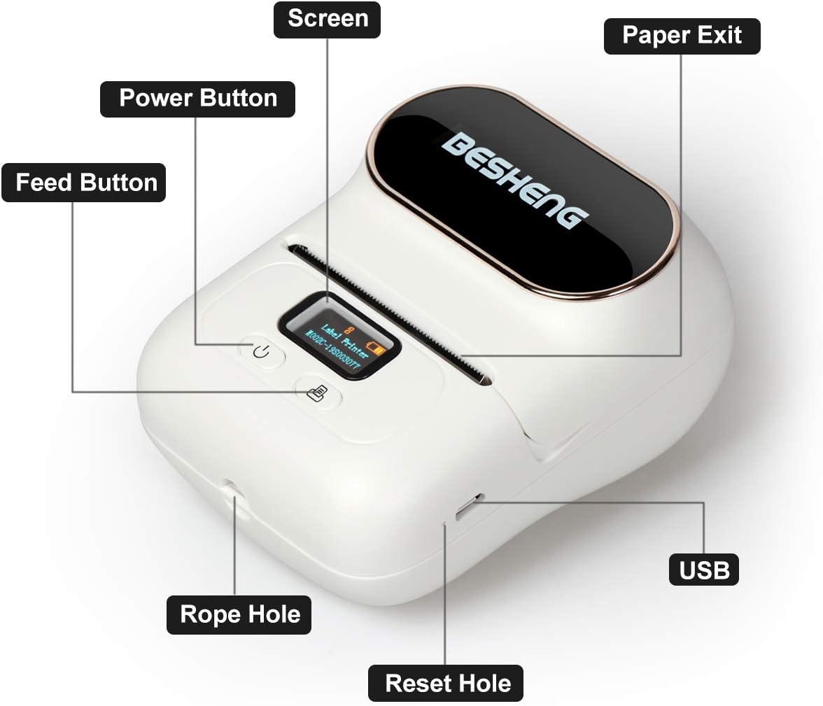 BESHENG Portable Handheld Bluetooth Lable Printer, Direct Thermal Label Printer, Lable Maker Machine for Barcode, Text, Excel, Picture etc, Compatible iOS & Android System (White) : Office Products
