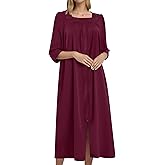 Bloggerlove Women's Zipper Robe 3/4 Sleeves Full Length House Dress Square Neck Housecoat Soft Cotton Nightgown with Pockets