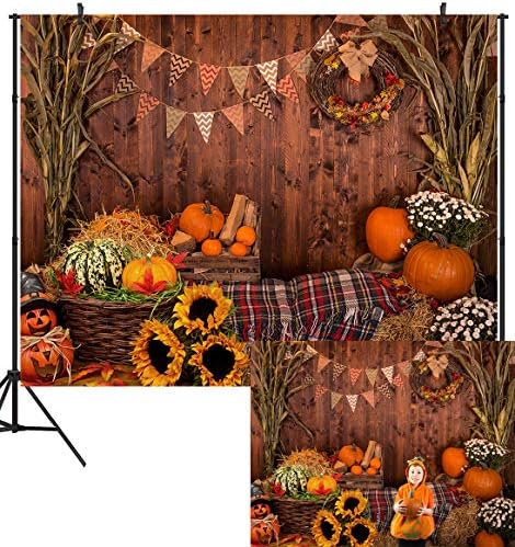 DULUDA 10X8FT Fall Thanksgiving Photography Backdrop Rustic Wooden Floor Barn Harvest Background Autumn Pumpkins Maple Leaves Sunflower Baby Portrait Party Decoration Photo Studio Booth Props HW45E