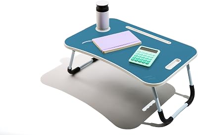 , Mesa para Smart Working, Escritorio Plegable de plástico y Metal, Plegable con portavasos y Soporte para Tablet, para Cama y sofá, 60 x 40 x 30 cm, Color Azul petróleo