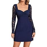 EYNMIN Women's Lace Mini Dress 2025 Fall Long Sleeve Sweetheart Neckline Bow Tie Backless A Line Short Going Out Dresses