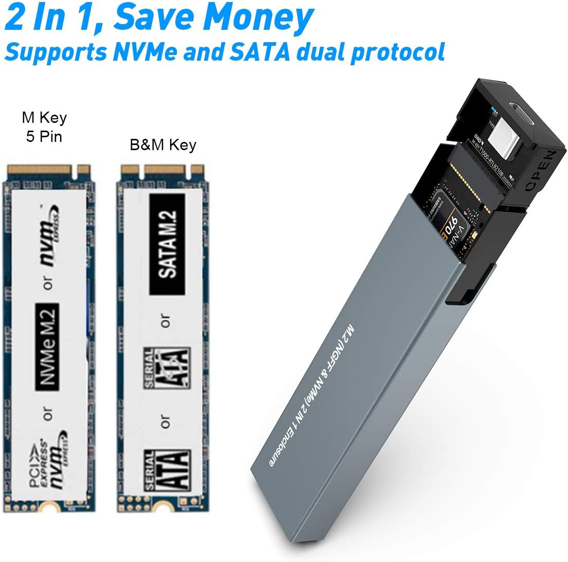 M.2 NVME and SATA SSD Enclosure Adapter, Tool Free Dual Protocol External Hard Disk Drive, Support USB 3.1 Gen 2 10Gbps NVME PCIe, 6Gbps SATA NGFF M-Key (B+M Key) for 2230 2242 2260 2280 SSDs: Computers & Accessories