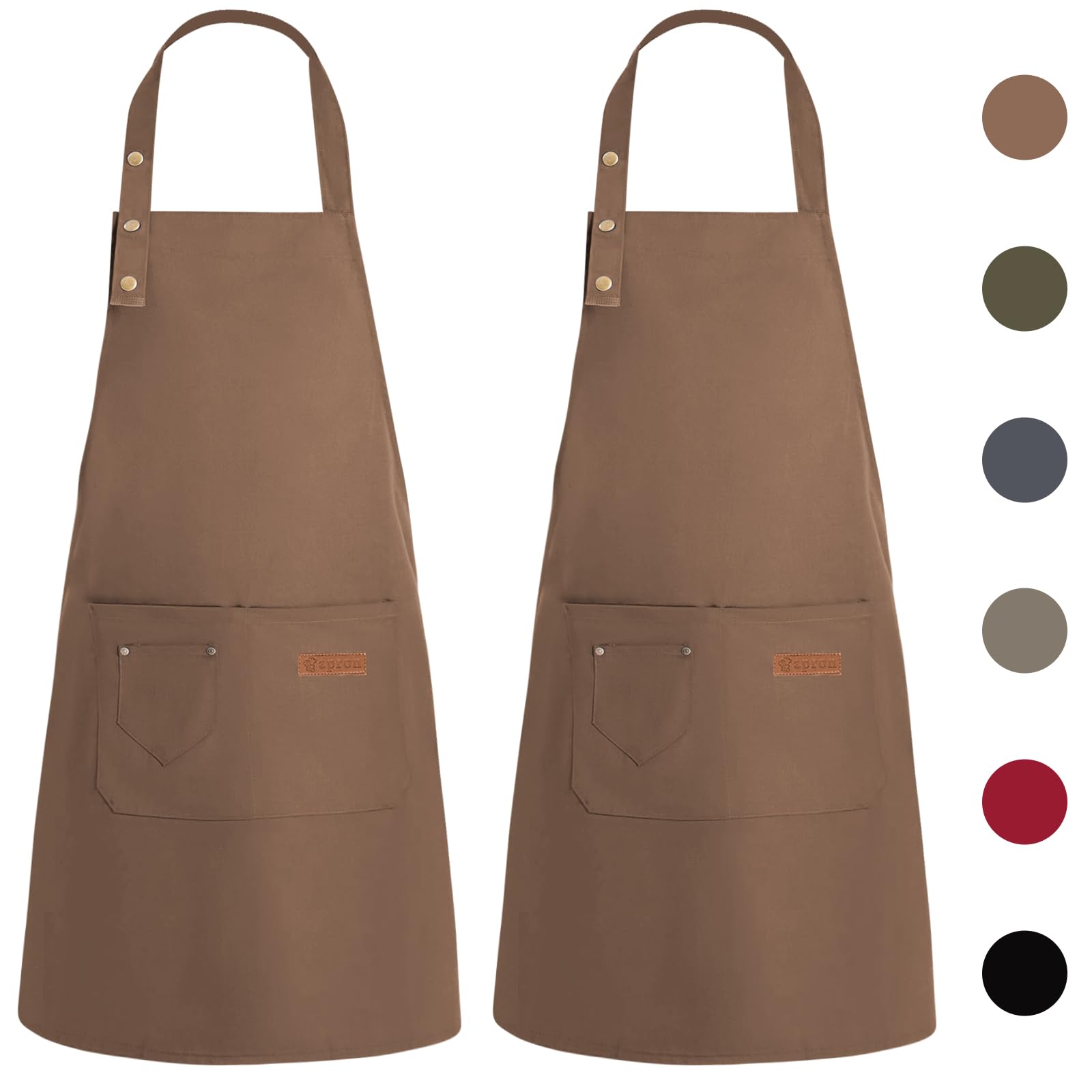 WenYa 2 Pack Kitchen Apron for Women, Unisex Adjustable Cooking Aprons with Pockets, Canvas Waterproof Apron for Home Kitchen, Restaurant, Coffee House (Brown)