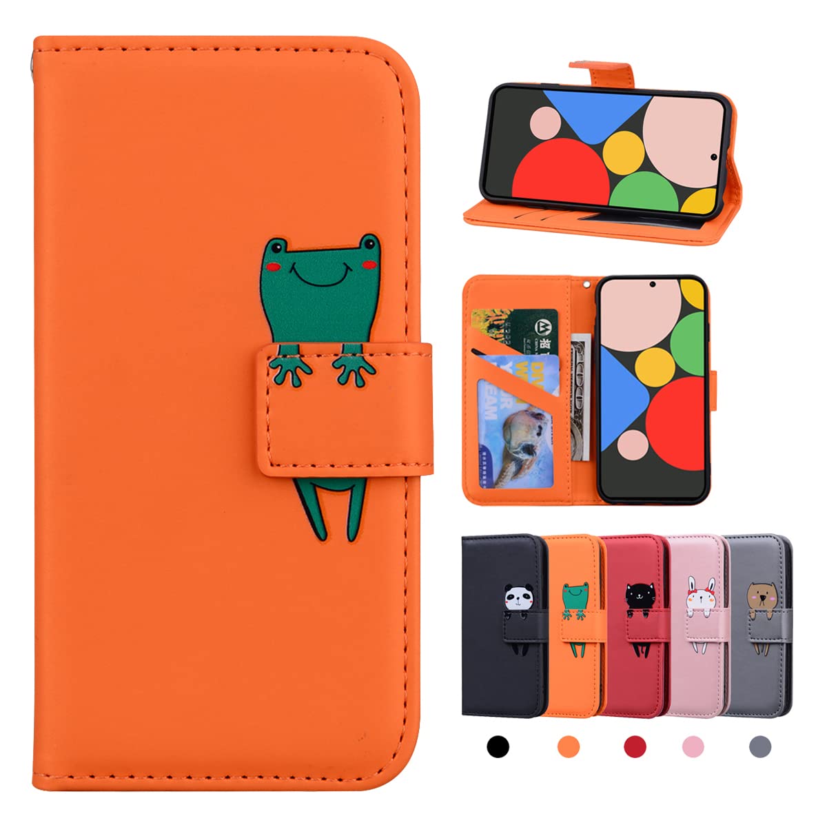 Rostsant Google Pixel 6a Case Cute Animal Pattern PU Leather Wallet Folio Flip Cover Stand Magnetic Closure Phone Case Cover for Google Pixel 6a 5G - Orange Frog — image 1