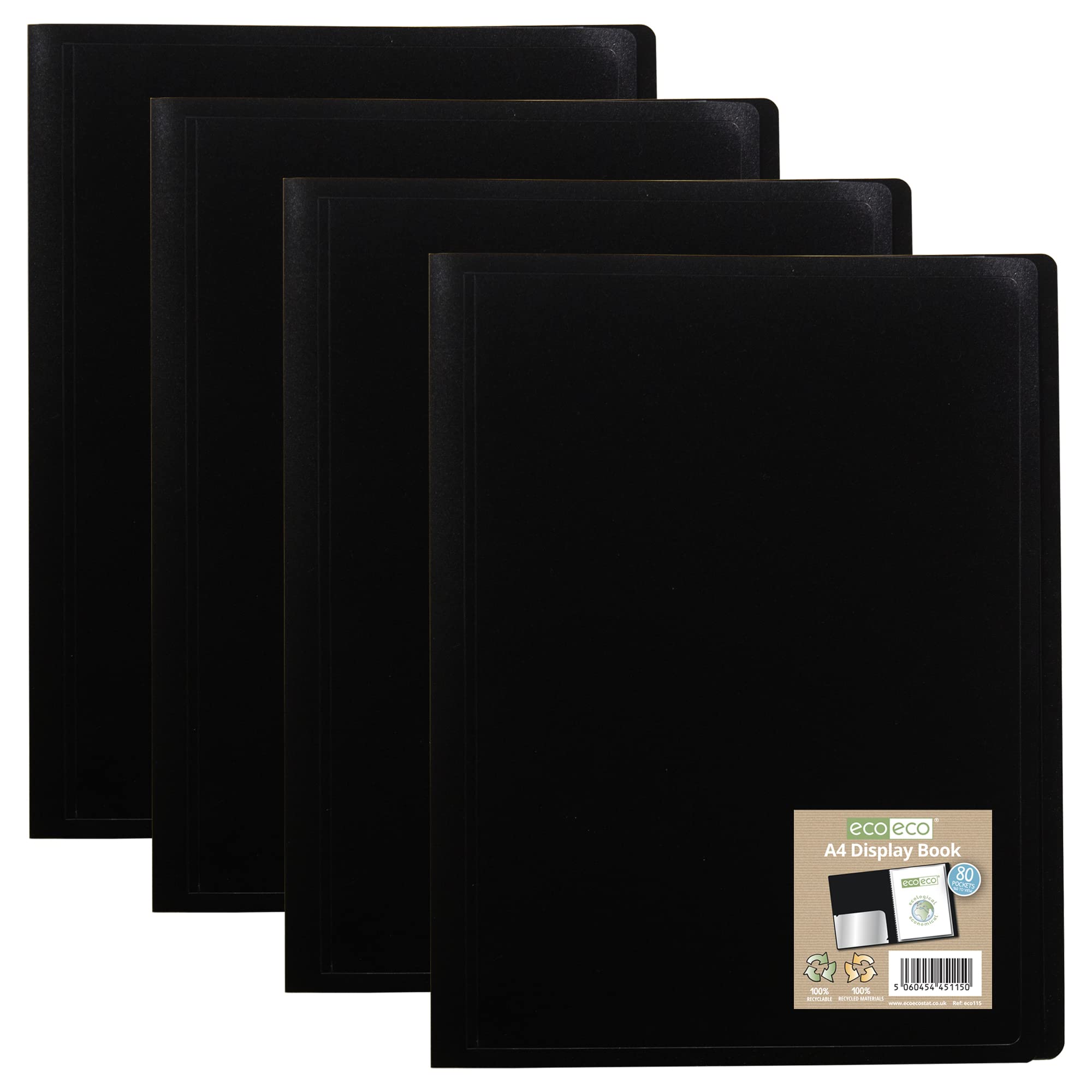eco-eco A4 100% Recycled 80 Pocket Black Flexible Cover Portfolio Book Folder Display Book, Pack of 4, eco115x4