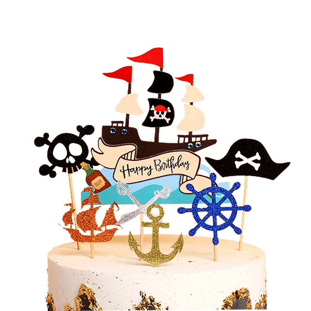 MiaLover Pack of 7 Pirate Cake Toppers - Happy Birthday Cake Toppers Set for Children Girls Boys Halloween Party Muffin Decoration