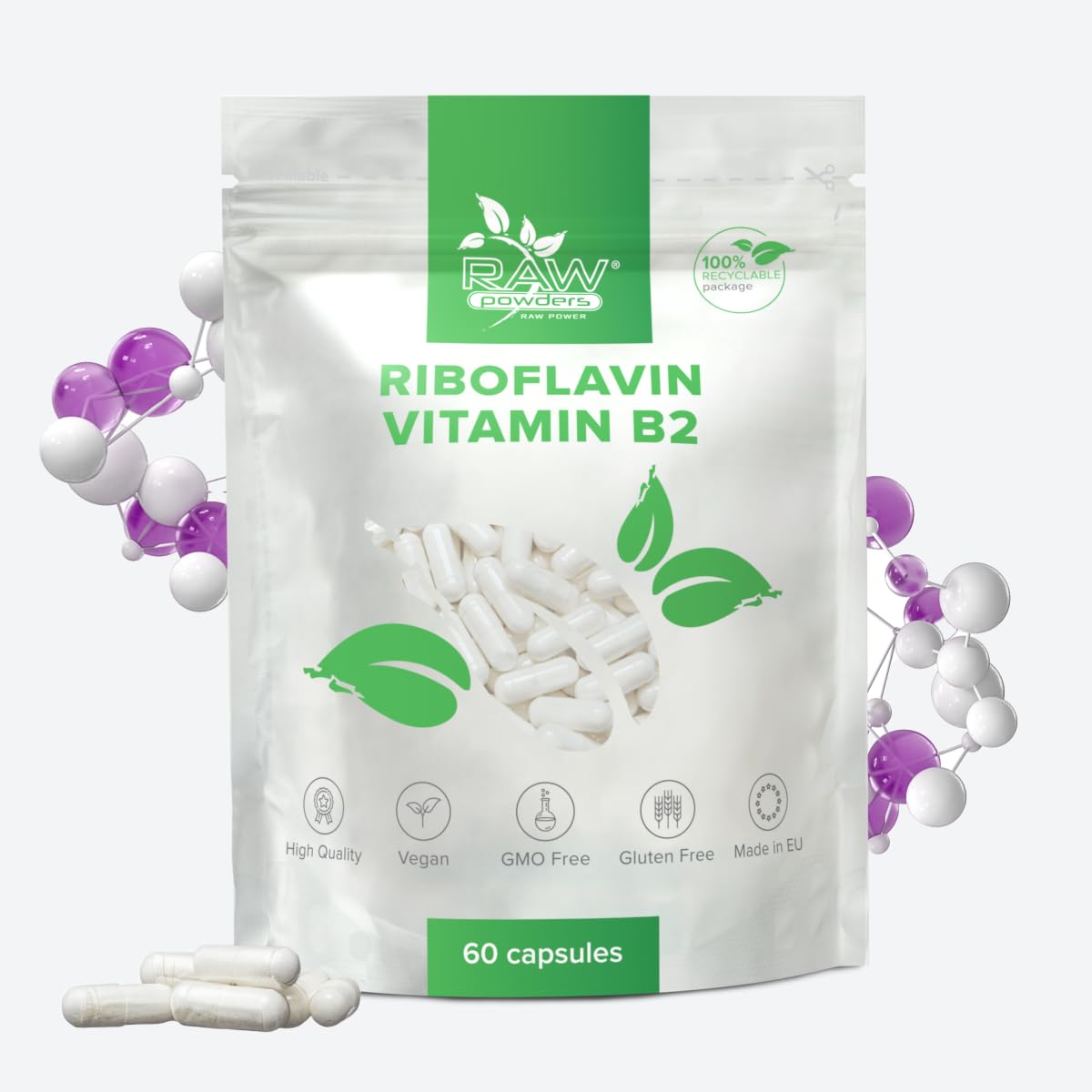Riboflavin Vitamin B2-100mg, 60 Capsules, High Strength - Vegan Vitamin b2 riboflavin Supplement - Helps with Tiredness and Fatigue, Supports Energy Levels - by Raw Powders