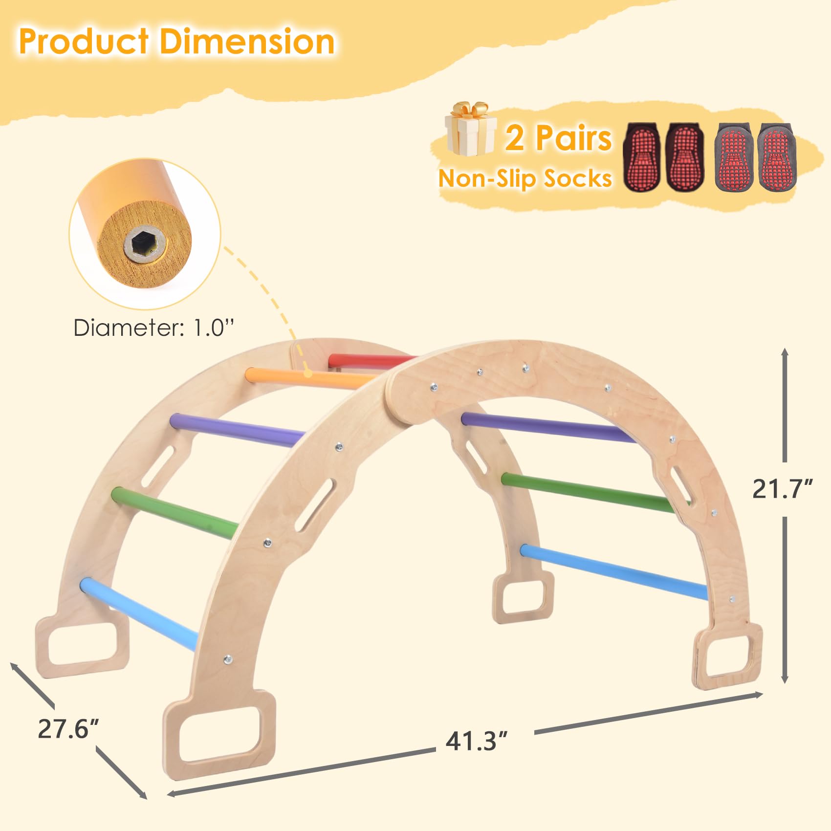 BIERUM Climbing Arch for Toddler - Montessori Arch Rocker Indoor, Wooden Climber Toys, Pikler Triangle Climber Arch Rocker with Two-Color Soft Cushion, Rainbow