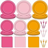 96Pcs Pink And Orange Plates Napkins Hot Pink Orange Tableware Party Supplies Neon Dinnerware for Birthday Baby Shower Summer Sunrise Bachelorette Party Decorations for 24 Guests