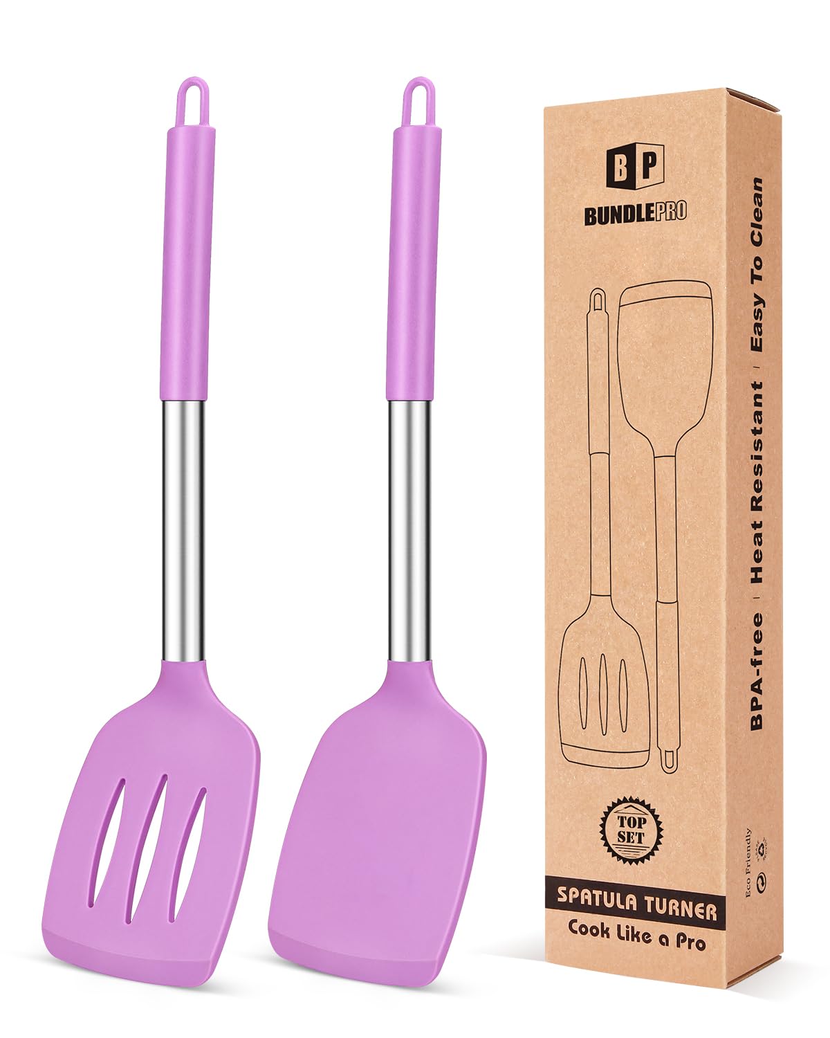 Pack of 2 Silicone Solid Turner,Non Stick Slotted Kitchen Spatulas,High Heat Resistant BPA Free Cooking Utensils,Ideal Cookware for Fish,Eggs,Pancakes (Purple)