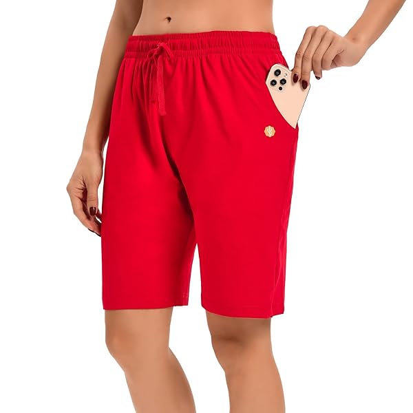 LUCKYCATCUS WOMEN’S BERMUDA SHORTS JERSEY SHORTS WITH POCKETS YOGA WALKING ATHLETIC LONG SHORTS FOR WOMEN KNEE LENGTH (RED, L)