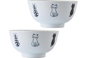 Japanese Cat Design Ceramic Donburi Bowls, Rice Bowls Set of 2