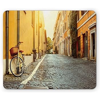 Lunarable Wanderlust Mouse Pad, Street in Rome Italy Bicycle Travel Honeymoon Destinations, Rectangle Non-Slip Rubber Mousepad, Standard Size, Yellow Blue