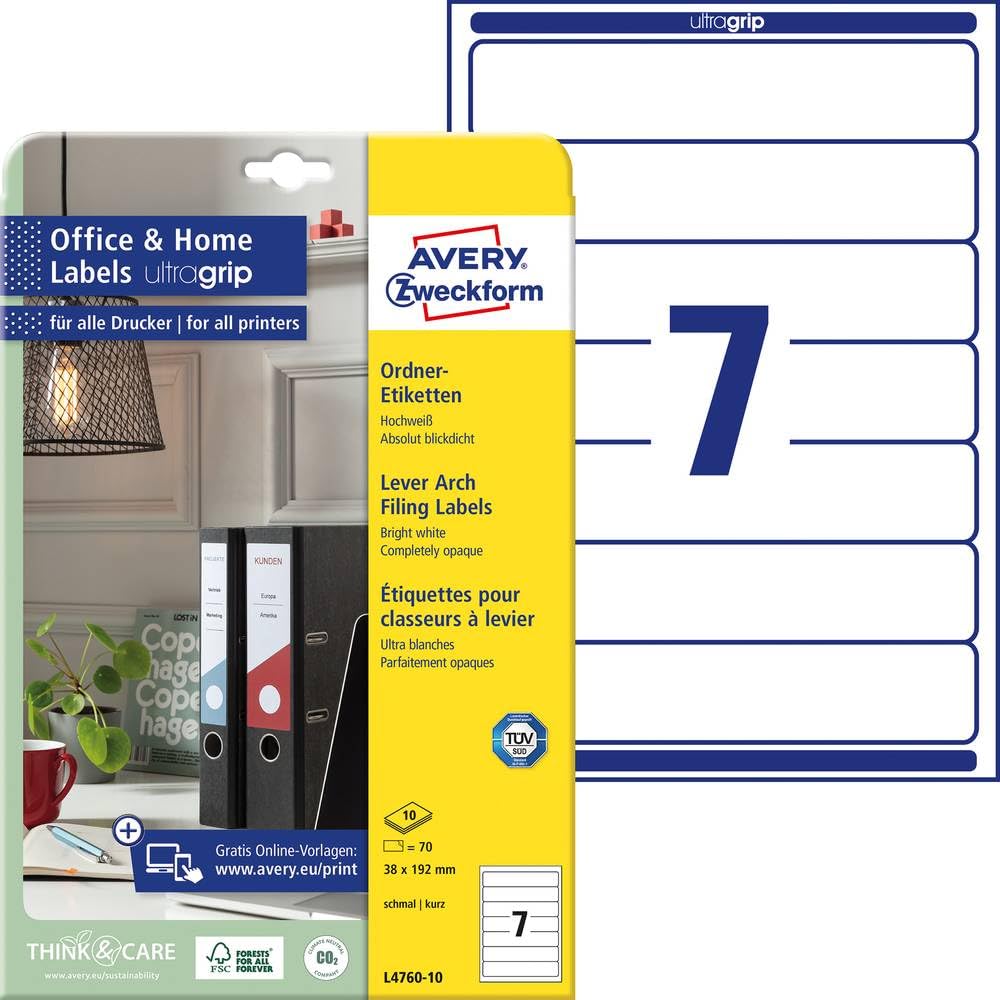 Avery Zweckform L4760-10 File Labels 192x38 mm White 10 Sheets for Inkjet Laser Copy